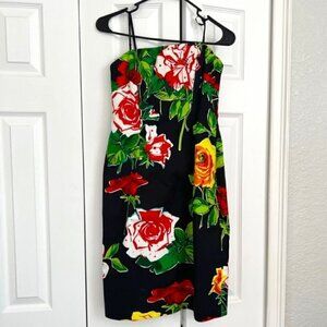 David Meister Strapless Floral Dress XS/S  Red Pink Yellow Roses, Crystal Detail